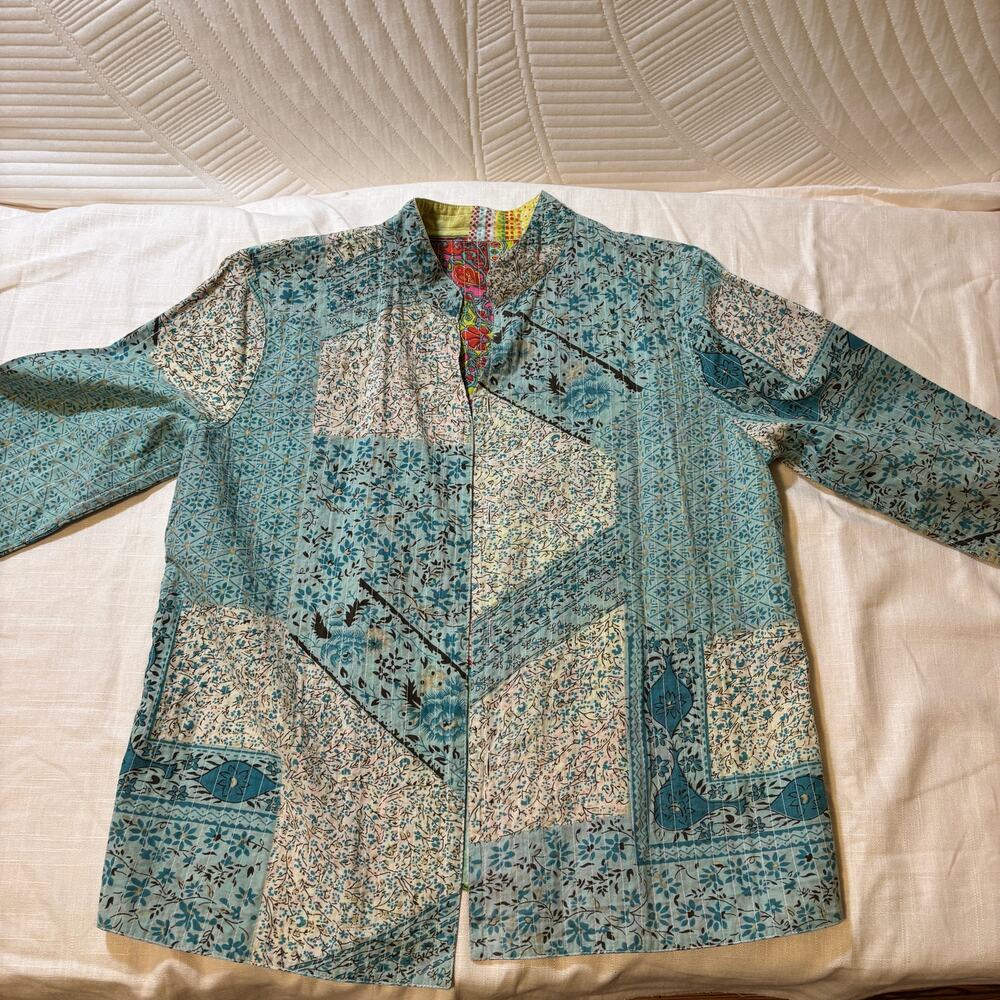 Handmade Reversible Quilted Patchwork Jacket Blue Floral Colorful Boho Artwear